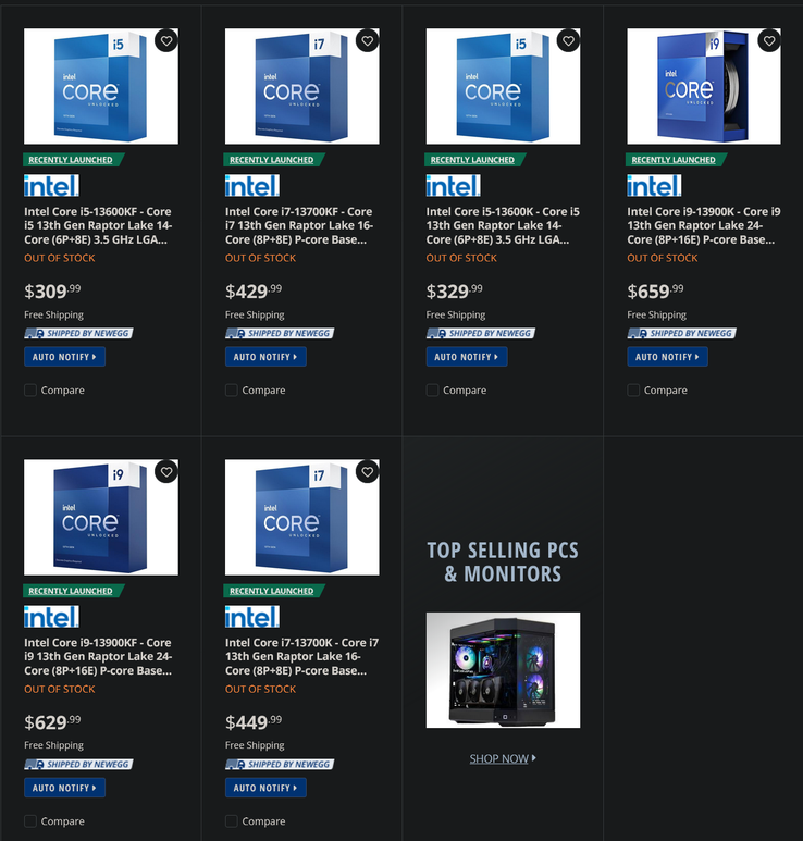 Prezzi di preordine di Intel i5-13600K/F, i7-13700K/F e i9-13900K/F (Fonte: Newegg)