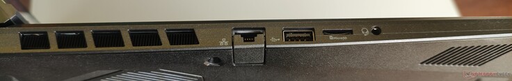 lato sinistro: RJ45-LAN, USB-A 2.0, micro-SD, Line-In/Out