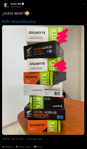 AORUS Spagna non è riuscita a coprire tutto il branding RTX 3080 Ti nel suo tweet. (Fonte: AORUS Spagna)