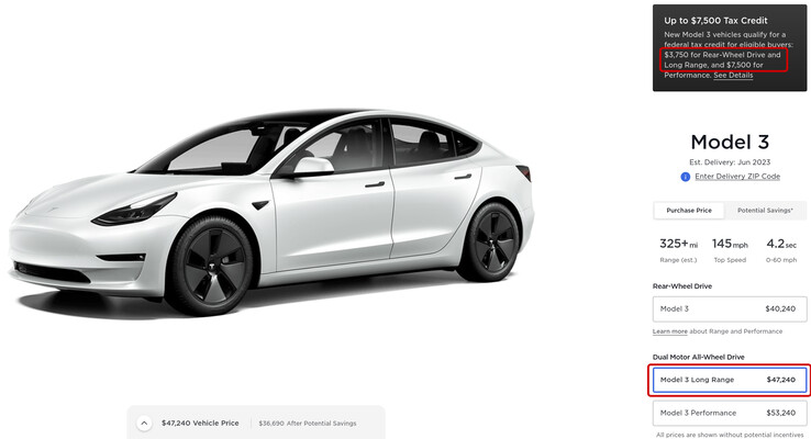La pagina di configurazione della Model 3 di Tesla mostra l'ammontare dei crediti d'imposta per ciascuno dei livelli di allestimento. (Fonte: Tesla)