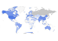 I Paesi del G7, l&#039;Ucraina e la Cina sono di colore blu intenso. Purtroppo, non ci sono dati sulla Russia. (Immagine: imperva)