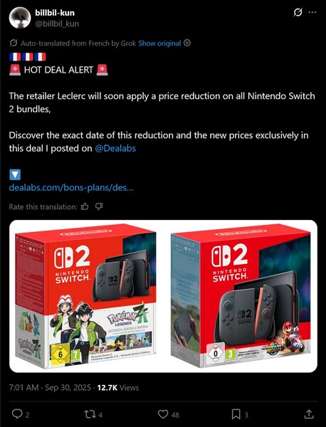 post di billbil-kun X sul calo di prezzo di Switch 2 (Fonte immagine: screenshot, account billbil-kun x)