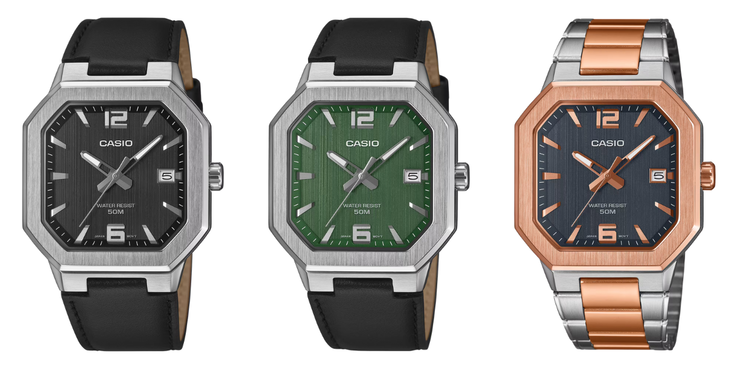 Da sinistra a destra: gli orologi Casio MTP-B195L-1AV, MTP-B195L-3AV e MTP-B195RG-2AV. (Fonte immagine: Casio, a cura)