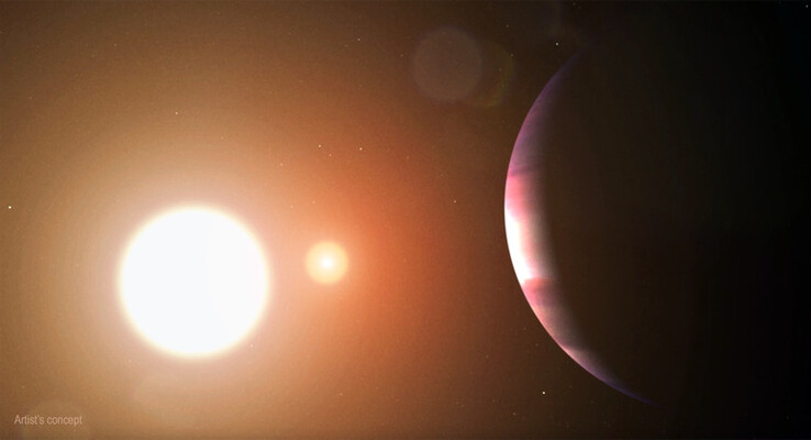 Un'illustrazione d'artista che mostra un esopianeta in orbita attorno a due stelle.