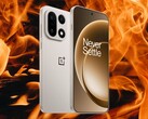 OnePlus 15 nel colore Sand Storm con uno sfondo di fuoco. (Fonte immagine: OnePlus, Unsplash - modificato)