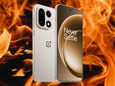 OnePlus 15 nel colore Sand Storm con uno sfondo di fuoco. (Fonte immagine: OnePlus, Unsplash - modificato)