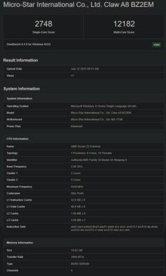 CPU AMD Ryzen Z2 Extreme Geekbench (fonte: Geekbench)