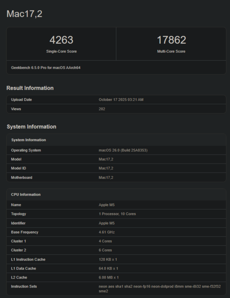 Apple Punteggio Geekbench di M5 (fonte: Geekbench)