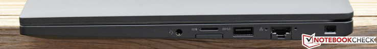 A destra: Combo audio da 3,5 mm, microSD, sim card, USB 3.0, Ethernet, Kensington Lock