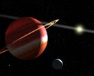 Un'illustrazione che mostra un pianeta, una luna e una stella.