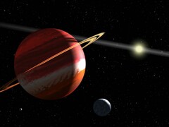 Un'illustrazione che mostra un pianeta, una luna e una stella.