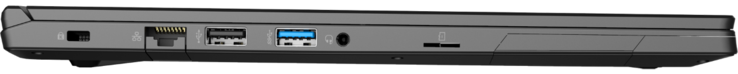 A sinistra : Noble Lock, GigabitLAN, 1x USB 2.0, 1x USB 3.2 Gen1, jack audio da 3.5-mm, lettore schede microSD