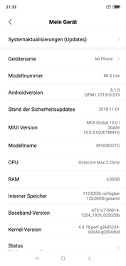 Software: Xiaomi Mi 8 Lite MIUI Global 10.0