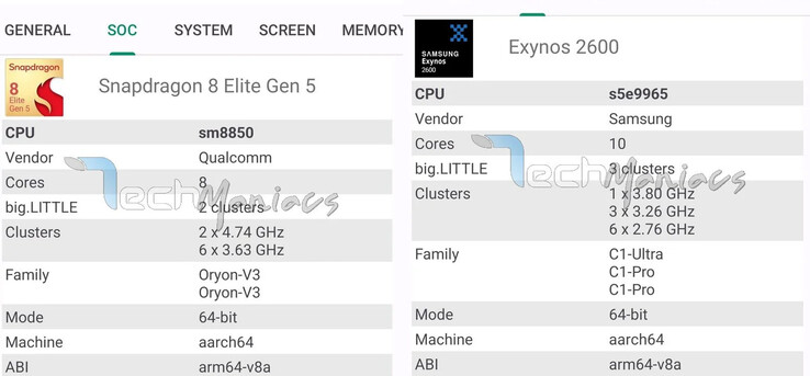 Gli screenshot mostrano i dettagli del SoC di Galaxy S26 Ultra (destra) e S26 (sinistra)