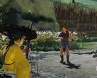 Atsu di Ghost of Yotei con una pistola in un campo nemico. (Fonte immagine: PlayStation su YouTube, screenshot)
