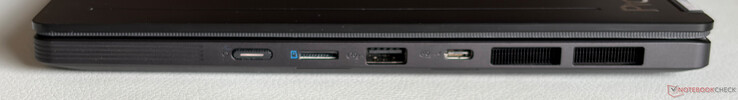 Lato destro: Pulsante di accensione, lettore di schede microSD, USB-A 3.2 Gen.2 (10 Gbps), USB-C 4.0 (40 Gbps, DisplayPort, alimentazione)