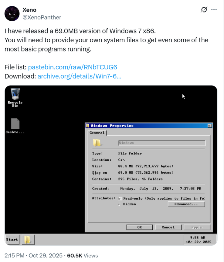 Windows 7 (nella foto) si avvia sul desktop nella build leggera di @XenoPanther (Fonte immagine: @XenoPanther)