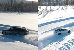 L&#039;Audi RS4 Avant Quattro combatte la battaglia AWD contro la Model 3 Performance a doppio motore di Tesla su un circuito di prova invernale. (Fonte: Tyre Reviews su YouTube)