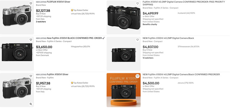 Alcune inserzioni su eBay per i preordini di Fujifilm X100VI prevedono che gli acquirenti paghino fino a 4.800 dollari per la fotocamera compatta. (Fonte immagine: eBay)