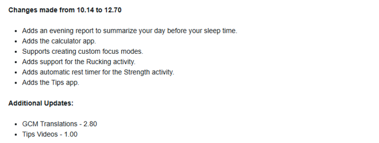 Le note di rilascio della versione 12.70 del software per lo smartwatch Garmin vivoactive 6. (Fonte: Garmin)
