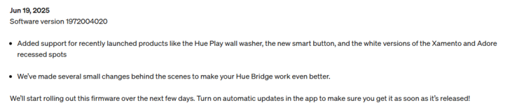 Le note di rilascio della versione software di Philips Hue Bridge 1972004020. (Fonte: Philips Hue)