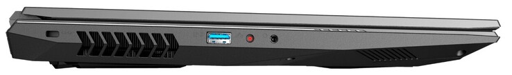 Lato sinistro: Slot per cable lock, USB 3.2 Gen 1 (Tipo-A), 2-in-1 (mic in, S/PDIF ottico), uscita cuffie