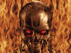 Nella foto, una schermata di T-1000 su uno sfondo di fiamme, dal trailer di Terminator 2D: No Fate. (Fonte: IGN YouTube)