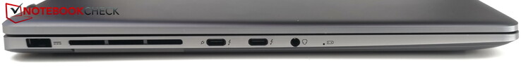 A sinistra: porta di alimentazione, 2x USB-C 4.0/Thunderbolt 4 (1x PD), jack per cuffie