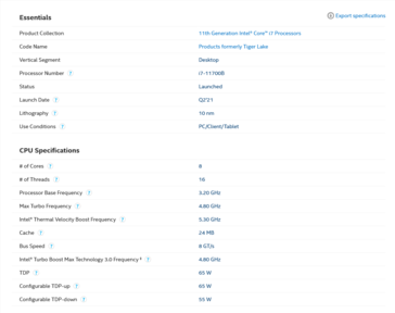 Scheda tecnica di Intel Core i7-11700B (immagine via Intel)