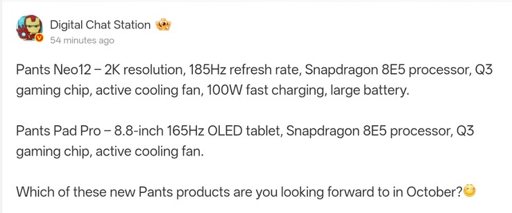 Le specifiche di iQOO Neo 12 illustrate nel post di Digital Chat Station su Weibo