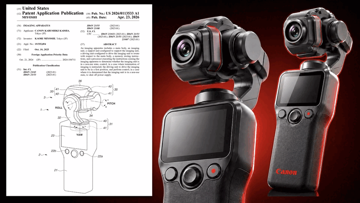 Il brevetto Canon dell'aprile 2026 (a sinistra) e i rendering del gimbal a 3 assi (a destra). I nuovi progetti danno priorità alla portabilità dell'obiettivo fisso e alla gestione intelligente dell'energia.