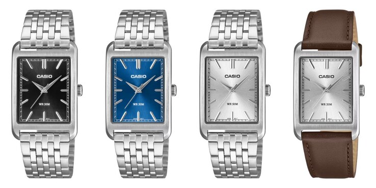 Da sinistra a destra: gli orologi Casio MTP-B215D-1AV, MTP-B215D-2AV, MTP-B215D-7AV e MTP-B215L-7AV