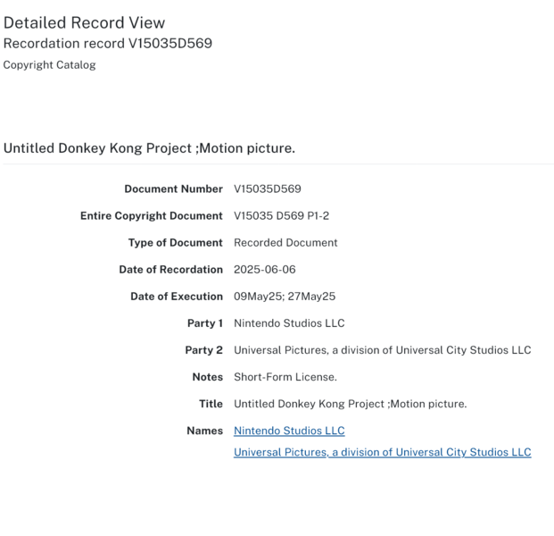 Il copyright di Nintendo e Universal Pictures per il film di Donkey Kong (Fonte: sito web dell'Ufficio del copyright degli Stati Uniti)