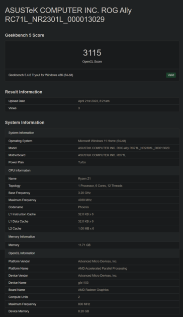 Asus ROG Ally su Geekbench (immagine via Geekbench)