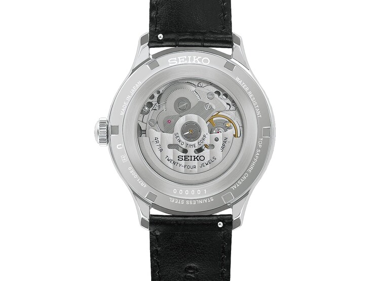 Vista posteriore dell’orologio Seiko Presage Japanese Garden (rif. HCB007) che mostra il suo movimento meccanico a carica automatica attraverso il fondello trasparente.