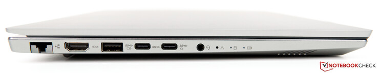 A sinistra: Ethernet (RJ45), HDMI 1.4b, USB 3.1 Gen 1, USB-C 3.1 Gen 1, USB-C 3.1 Gen 2 (con supporto DisplayPort e Power Delivery), jack audio da 3.5-mm