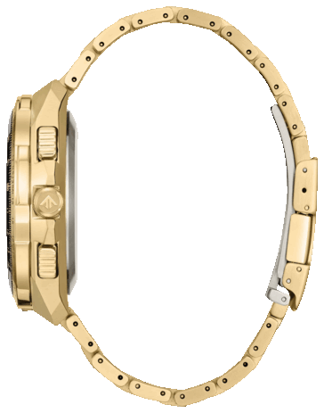 Profilo laterale del Citizen Promaster Skyhawk A-T JY8144-50E che mostra la sua ampia cassa in acciaio inossidabile color oro, la corona e il bracciale integrato.