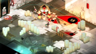 Un'immagine che mostra una battaglia in Transistor.