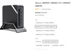 Configurazioni di Minisforum Venus Series UM560 XT (fonte: Minisforum)