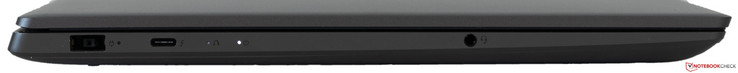 Lato sinistro: Alimentazione DC, indicatore stato batteria, USB 3.1 Type-C con DisplayPort 1.2 e Thunderbolt, tasto Novo, Jack audio