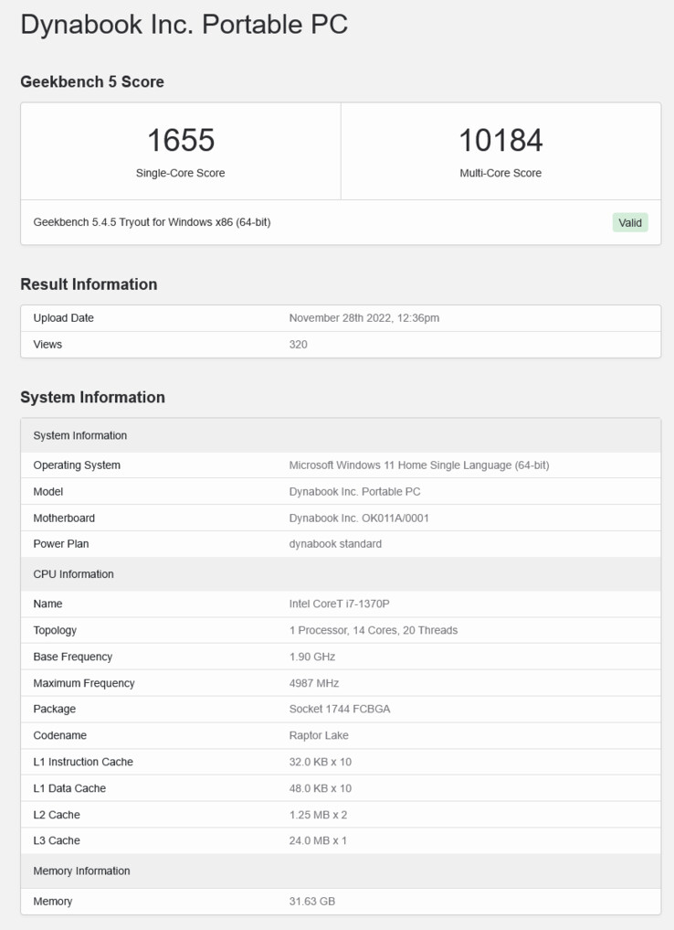 Intel Raptor Lake Core i7-1370P in un portatile Dynabook. (Fonte: Geekbench)