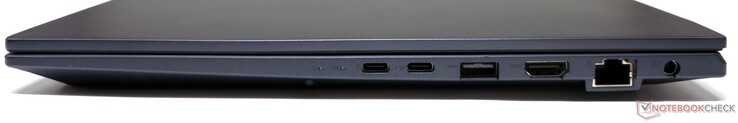 A destra: Thunderbolt 4, USB 3.2 Gen2 Tipo-C (DisplayPort/Consegna di energia), USB 3.2 Gen1 Tipo-A, HDMI 2.1-out, RJ-45, DC-in