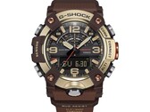 Primo piano del G-Shock Mudmaster GG-B100XMH-5A che mette in risalto la cassa e la lunetta nei toni del giallo oro chiaro e del marrone.