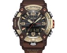 Primo piano del G-Shock Mudmaster GG-B100XMH-5A che mette in risalto la cassa e la lunetta nei toni del giallo oro chiaro e del marrone.