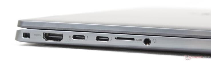 A sinistra: slot per il blocco del cuneo, HDMI 2.0, 2x USB-C con Thunderbolt 4 + DisplayPort + Power Delivery, lettore MicroSD, jack audio da 3,5 mm