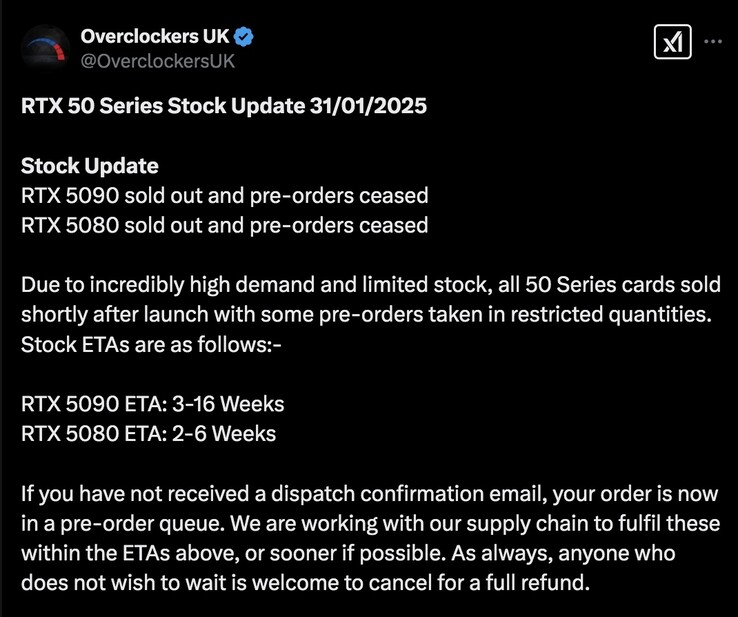 I giocatori del Regno Unito dovranno aspettare un po' prima di poter ottenere una nuova GPU RTX 50 di GeForce. (Fonte: Overclockers UK)