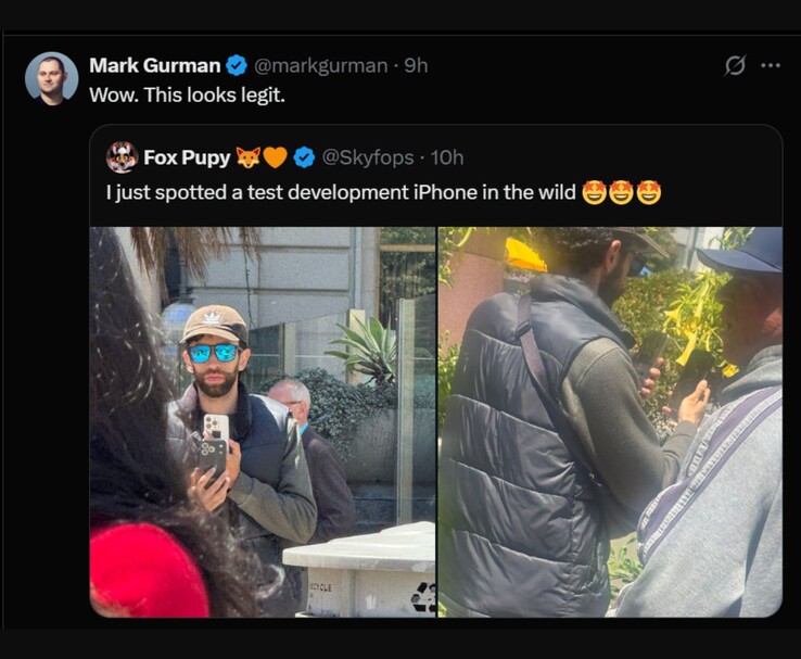 Mark Gurman reagisce ad un presunto prototipo di iPhone 17 Pro avvistato in pubblico, originariamente pubblicato da @Skyfops su X (ex Twitter). L'immagine mostra un uomo che tiene in mano un dispositivo di prova con una custodia unica, mentre un altro individuo sembra bloccare la vista. (Immagine: @Skyfops / @markgurman su X)
