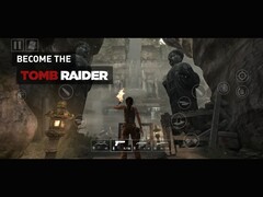 Il gameplay di Tomb Raider in esecuzione su iPhone o iPad mostra Lara Croft che esplora le rovine del tempio con i controlli touch sullo schermo visibili