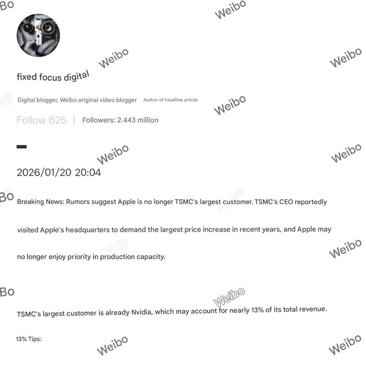 Apple non è più il principale cliente di TSMC e potrebbe non godere più di un accesso prioritario. (fonte immagine: Fixed Focus Digital su Weibo)