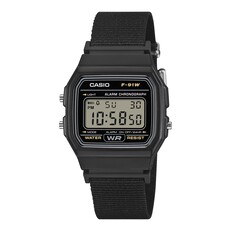 Orologio digitale Casio F-91WF-1A con cassa nera e cinturino in tessuto intrecciato nero.